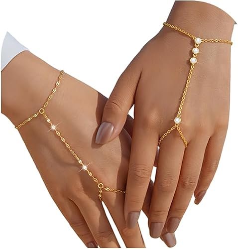 2Pcs Bracelets de chaîne à main en or pour les femmes, 14K Gold Plated CZ Link Chain Set