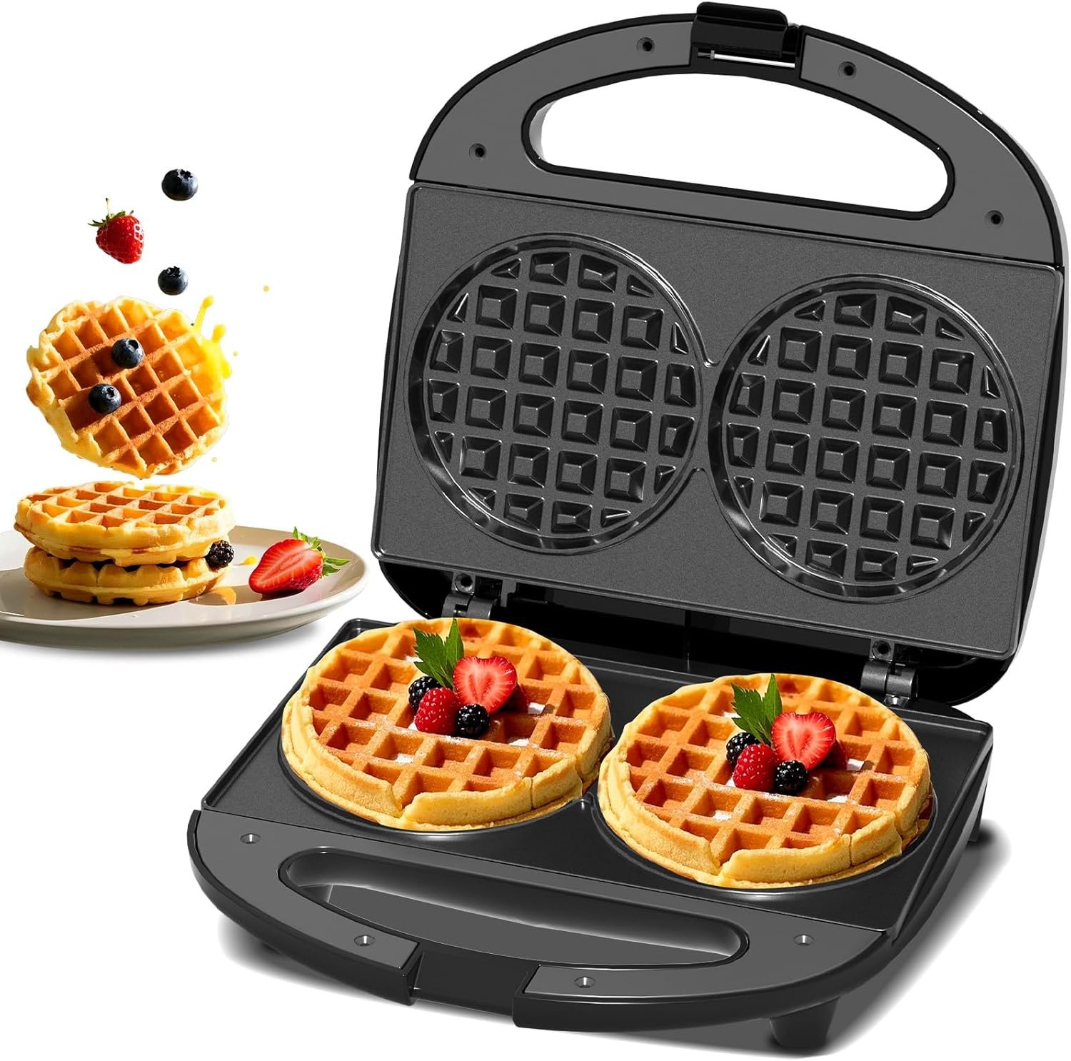 Mini Gaufrier Double, Machine à Gaufres Antiadhésive, Gaufrier Rond en Fonte, Contrôle Automatique de la Température, Poignée Tactile Froide,Idéal pour Gaufres Parfaites