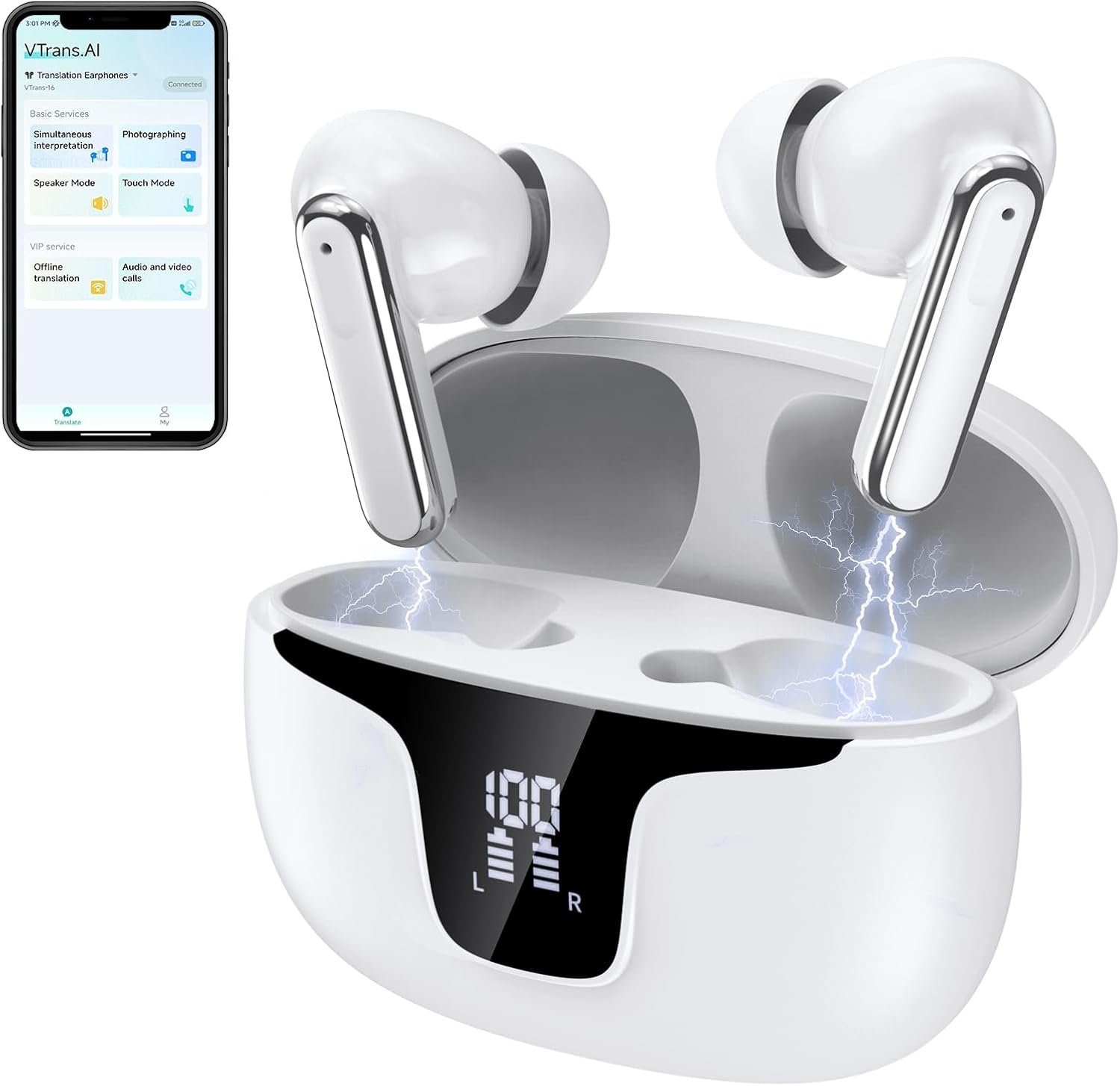 Traducteur Instantané Écouteurs Traducteur AI avec Appli Bluetooth 5.4 pour iOS & Android, 6 Modes & 112 Langues Traduction en Temps Réel - Idéal pour Études, Voyages, Affaires