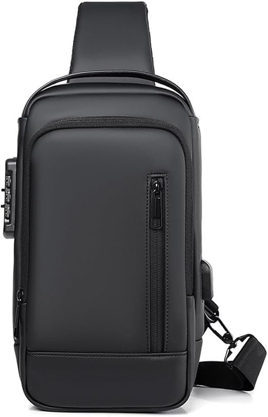 Sac à bandoulière de voyage étanche avec serrure à combinaison, sac de poitrine en cuir PU avec trou de chargement USB, sac à dos à bandoulière noir