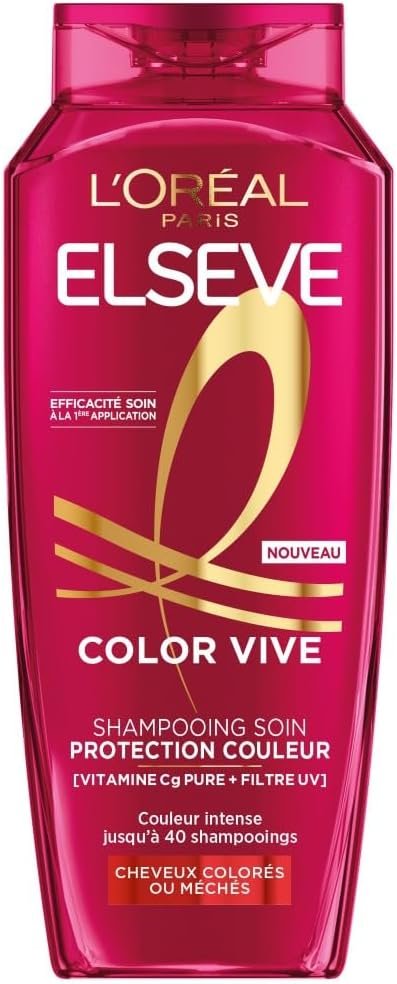 Shampooing Soin Protection Couleur - Protection Couleur Jusqu'à 10 Semaines - Pour Tous Types de Cheveux Colorés ou Méchés - Enrichi en Pivoine et Filtre UV - Elseve Color-Vive - 400ml