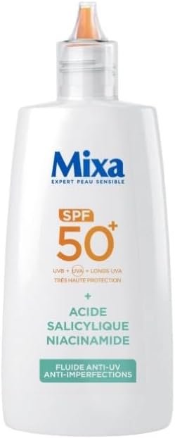 Mixa - Fluide Quotidien Anti-UV & Anti-Imperfections - SPF 50+ - Très Haute Protection - Acide Salicylique et Niacinamides - Anti-Boutons et Brillance - Effet Matifiant - 40 ml