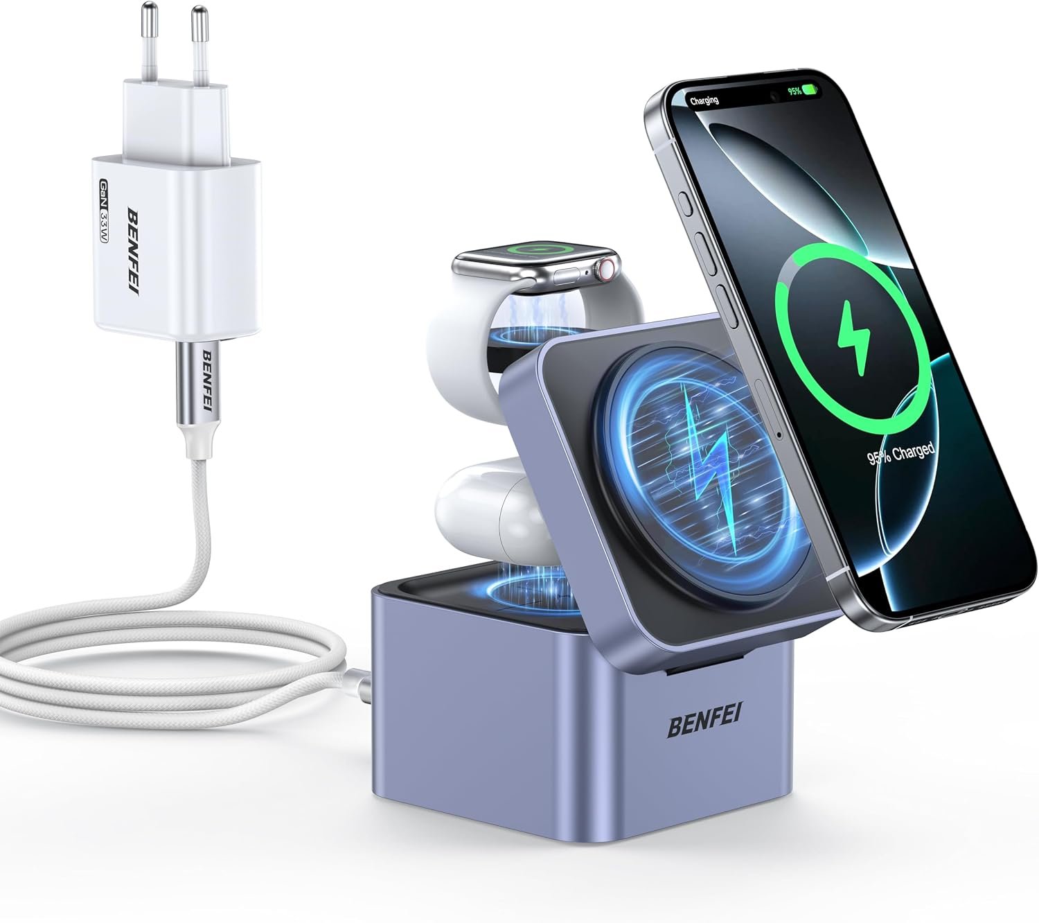 Support de chargeur MagSafe 3-en-1 pliable, station de charge sans fil pour iPhone 17/16/15/14/13/12/11 Pro/Max/Plus Apple Watch & Air-Pods Pro/4/3/2, Cube compact Adaptateur secteur 33W inclus
