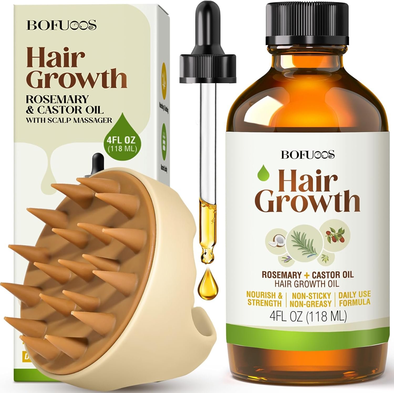 Huile de Ricin Bio Pressée à Froid, Huile de Romarin pour Cheveux avec Brosse Massage Cuir Chevelu, 100% Naturelle, Stimule la Pousse des Cheveux, Tous Types, 118 ml