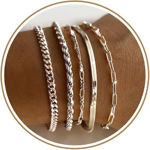 Gold Bracelets pour les femmes imperméables, 14K Gold Plaqué Bracelets minimalistes Empilement Non Ternish Trendy Dainty Herringbone Vintage Cuban Paperclip Corde Mince Boîte Link Chain Empilable Bijoux Ensembles Moderne Mode Accessoires Cadeaux pour les