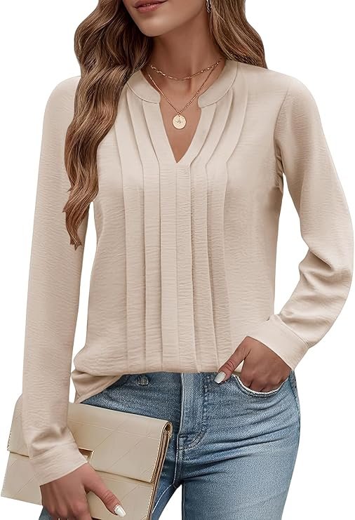 Chemisier Femme Chic et Élégant Col en V Blouse Femme Manche Longue Chemise Plissée Henley Tunique Top
