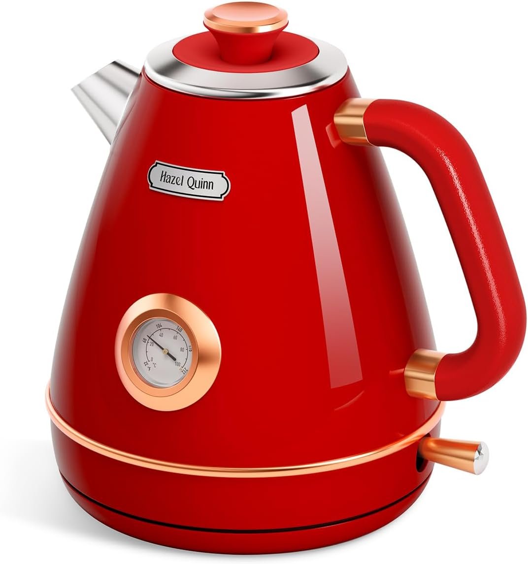 Bouilloire Electrique, Bouilloire Vintage Avec Thermomètre, Acier Inoxydable et Sans BPA, Sans Fil et Avec Arrêt Automatique, 1,7 Litres 2200 Watts - Rouge Rubis