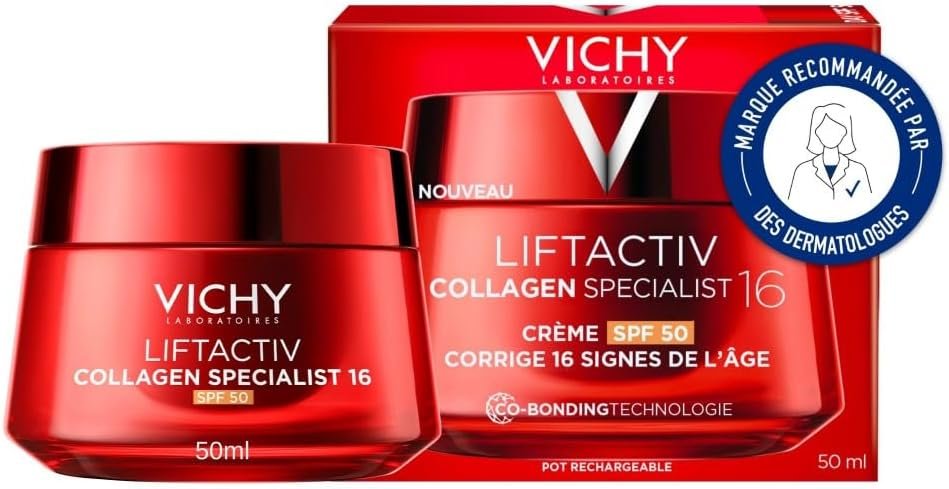 Liftactiv, Crème de Jour Anti-Âge Collagen Specialist 16, Lisse & Repulpe, Enrichie en Collagène, Corrige 16 Signes du Vieillissement, Pour tous Types de Peau, Rechargeable