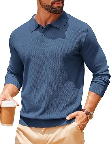 Polo à manches longues en tricot pour homme, coupe ajustée, col gaufré