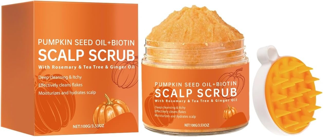 Gommage du cuir Huile de graines de citrouille + biotine – Exfoliant naturel pour cuir chevelu, Huile de graines de citrouille, soin des cheveux avec brosse de massage pour cuir chevelu sain