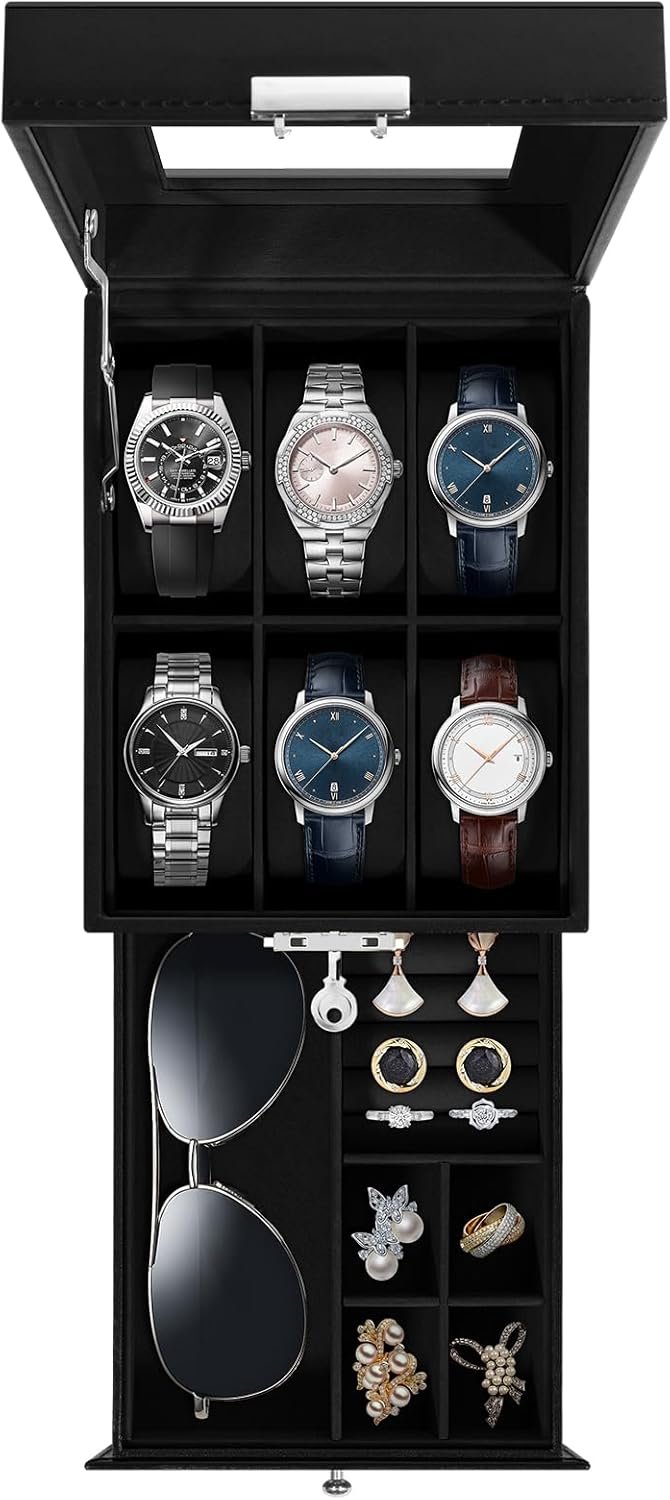 Boite a Montre, 24 Emplacements Écrin à Montres en Cuir Boite Rangement Montre avec Couvercle en Verre pour Homme Femme
