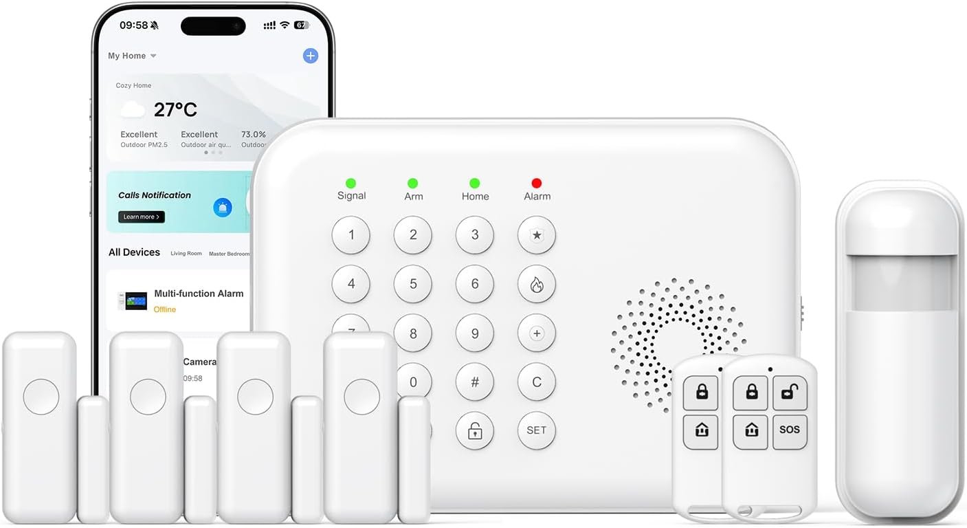Alarme Maison sans Fil 8 pcs - système de sécurité sans Fil pour la Maison Alertes d'application Mobile,Compatible Alexa pour la Maison, Garage, RV (WiFi 2,4 GHz, Aucun Frais mensuels)