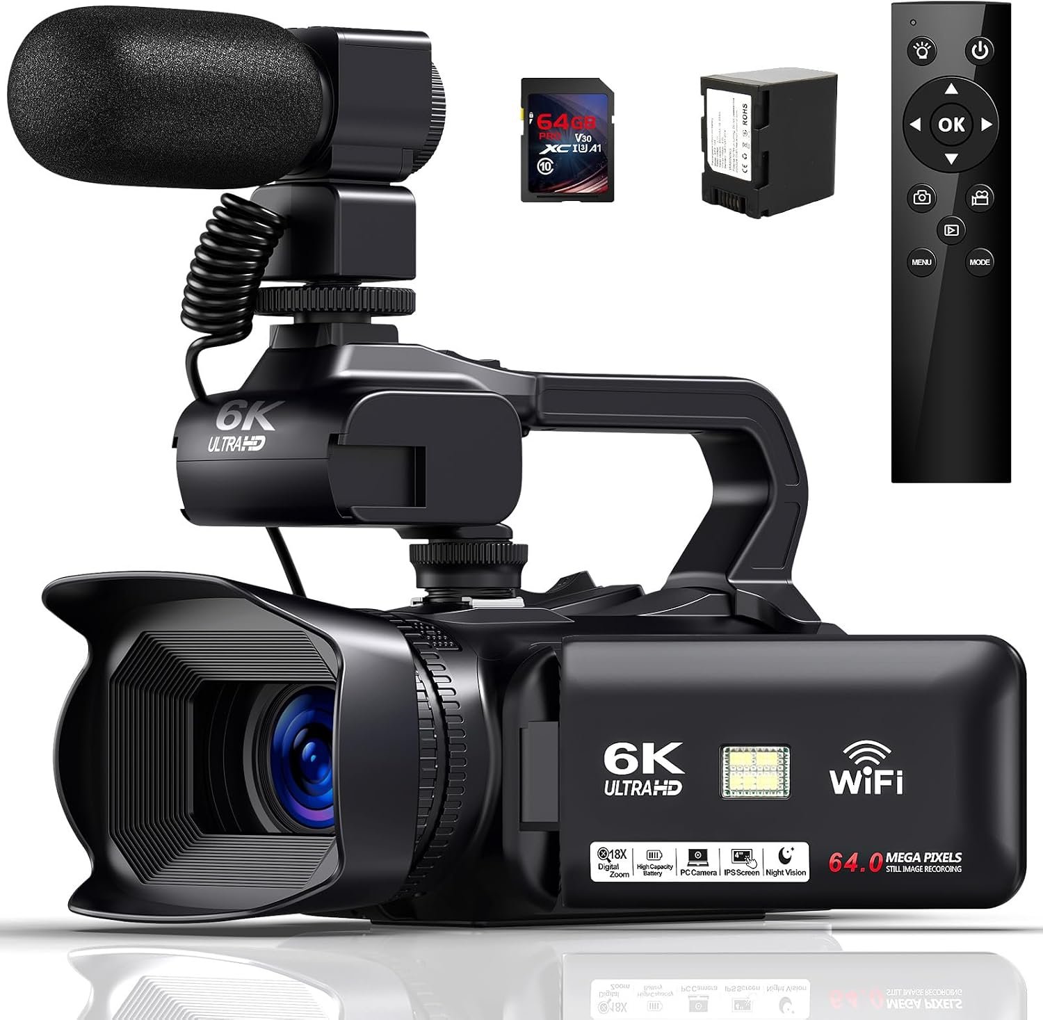 Caméscope 6K avec 64 Mpx, zoom numérique 18X, vision nocturne IR, écran tactile 4,0 pouces, WiFi, batterie 4500 mAh, carte SD 64 Go, stabilisateur et télécommande