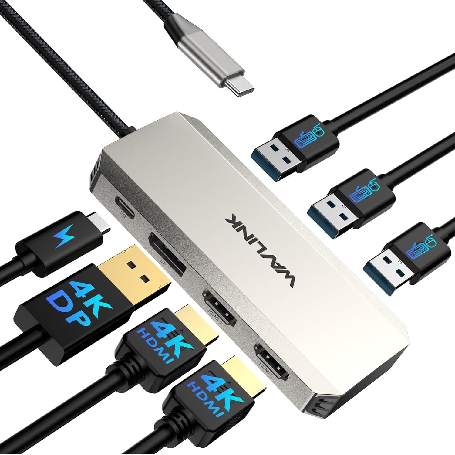 Station d'accueil Triple 4K pour Ordinateur Portable avec Double HDMI, DP, 100 W PD in, 3 Ports USB-A2.0 pour Appareil sans Fil, Compatible avec Dell/HP/Lenovo, etc., Windows Systerm