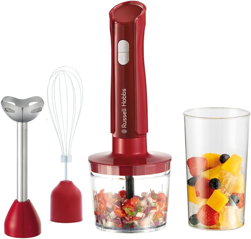 Mixeur plongeant [3 en 1 : mixeur, fouet, hachoir] Blender Rouge (bol 600 ml, smoothies, soupes, sauces, dips, lames en acier inoxydable, lavables au lave-vaisselle, sans BPA) 27142-56