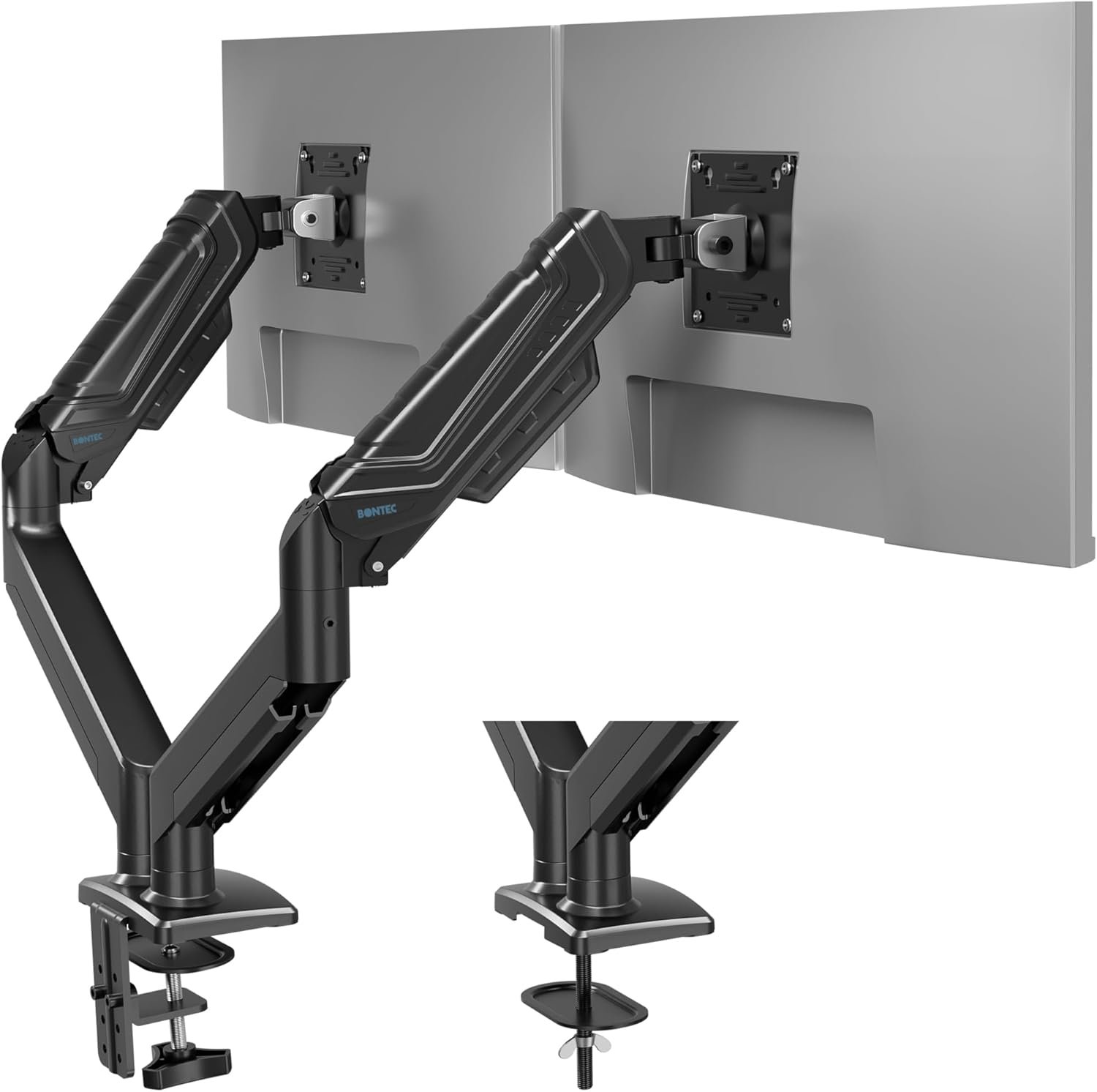 Support Écran Pc Double Bras Articulé À Gaz pour 2 Moniteurs 15-34 Pouces, Jusqu’à 12 Kg, VESA 75x75 100x100, Rotation 360°, Inclinaison Et Hauteur Ergonomique Réglable, Gestion des Câbles