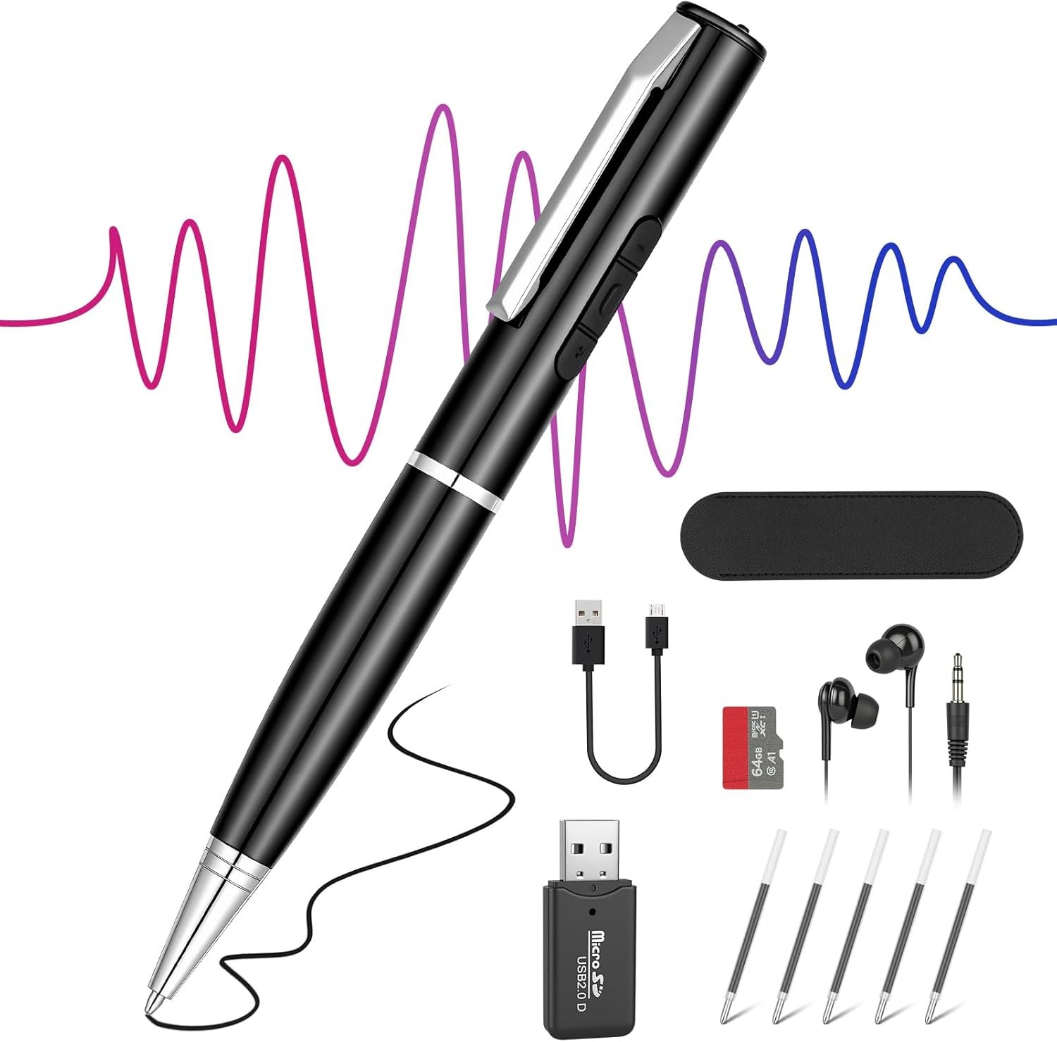 Stylo Enregistreur 64 Go, Appareil d'Enregistrement Portable Audio HD, Enregistrement en Une Touche, Réduction Intelligente du Bruit DSP, Écouteurs Inclus