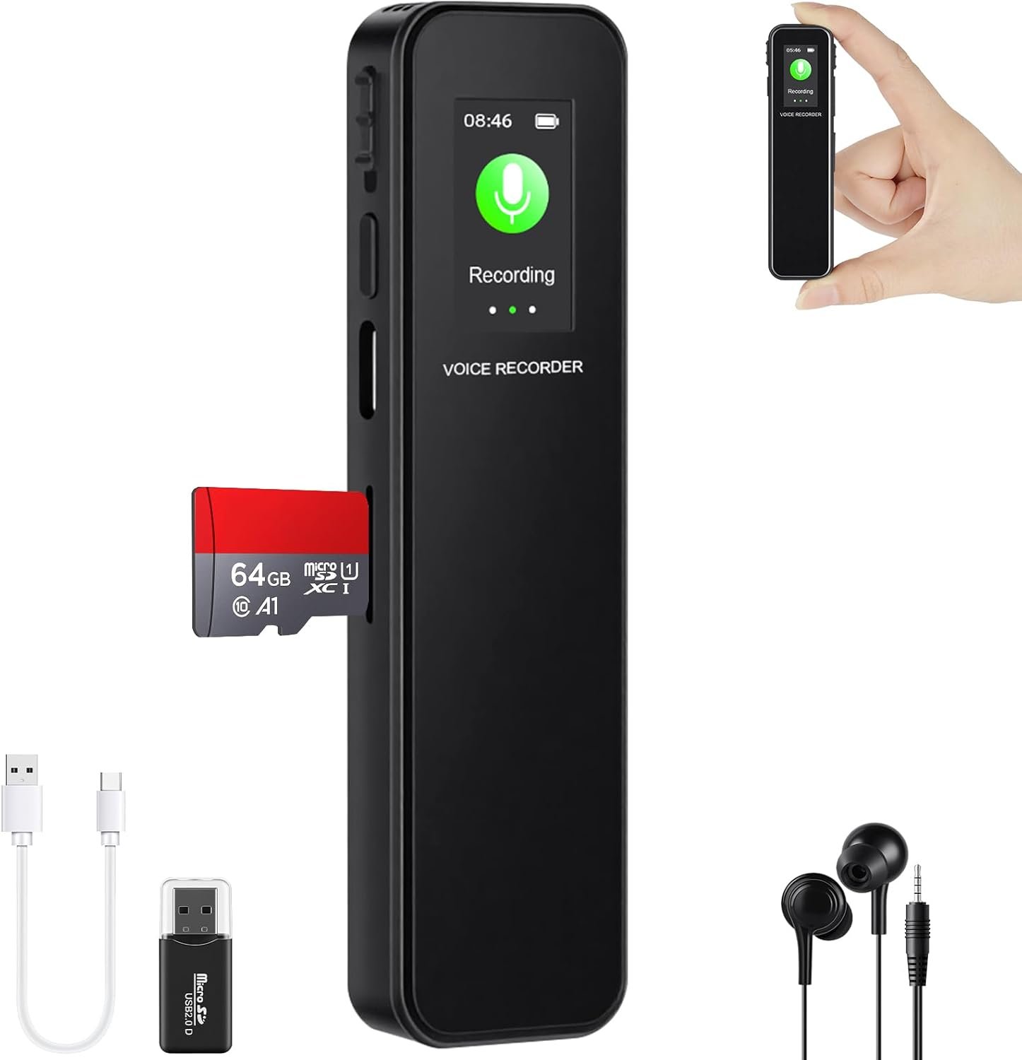 Enregistreur Vocal Numérique 64 Go, Appareil d'Enregistrement Portable avec Audio HD, Enregistrement en Une Touche, Réduction Intelligente du Bruit DSP