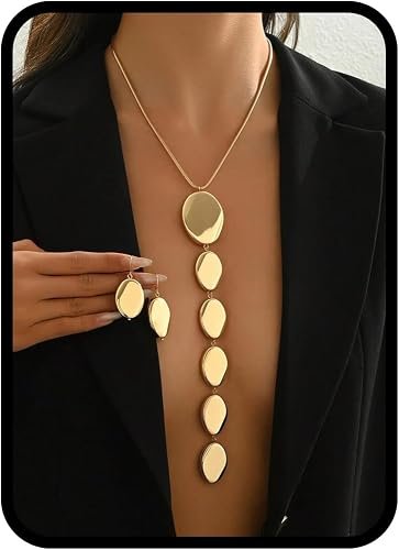 Ensemble de boucles d'oreilles de collier et de boucles d'oreilles de 2PCS en argent d'or Chunky avec chaîne de serpent, bijoux de mode métallique à collier d'ellipse asymétrique pour les femmes