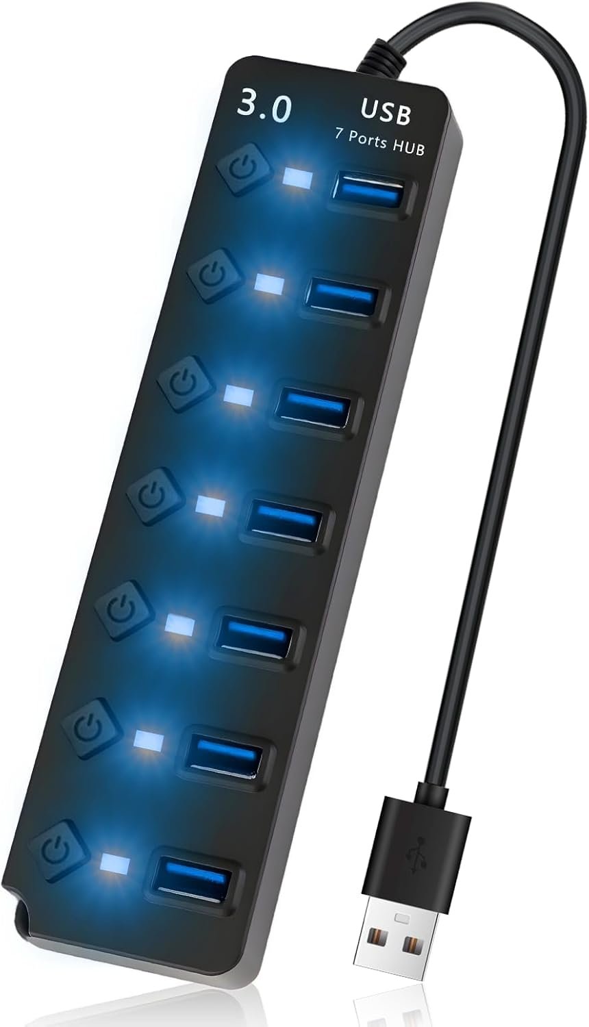 ub USB 3.0 7 Ports avec Interrupteur, hub USB alimenté multiport Haute Vitesse 5Gbps, Multiprise USB Portable avec LED et câble 26 cm, Adaptateur hub USB 3.0 pour PC, Mac, Consoles de Jeux