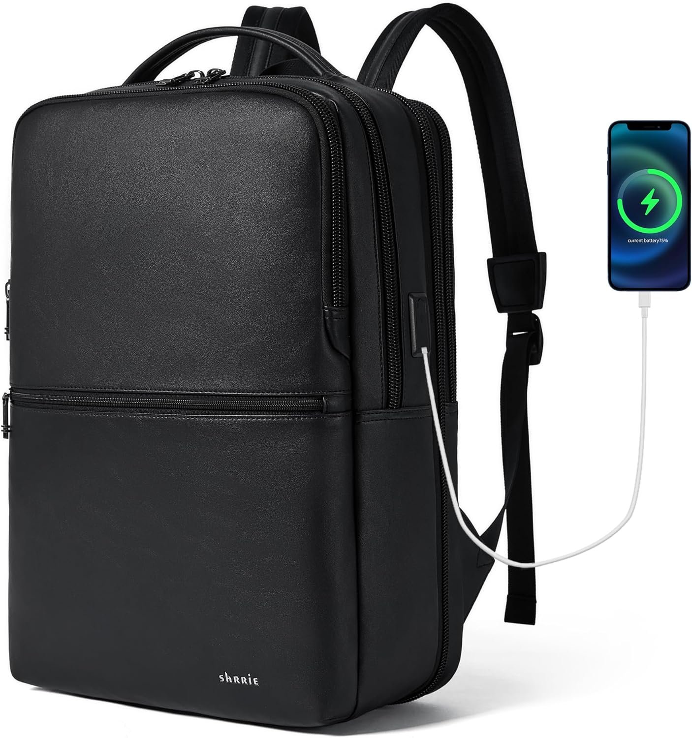 Sac à dos en Cuir Vegan pour Ordinateur Portable 16 Pouces pour Homme et Femme, Sac à Dos Extensible avec Port de Charge USB, Noir Bicolore