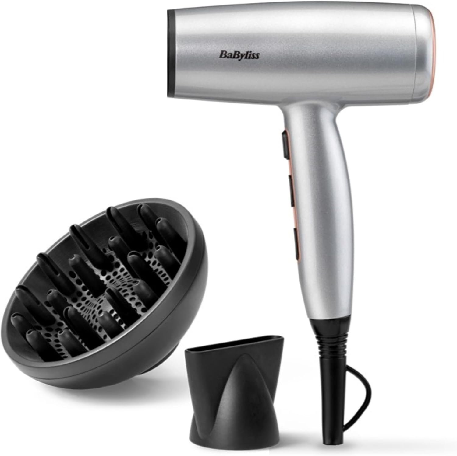Sèche-Cheveux Cosmos avec Diffuseur, Léger – NOUVEAUTÉ 2025, Sèche-cheveux puissant et élégant de 2100W, Technologie ionique anti-frisottis, 3 températures & 2 vitesses, Argenté, D580DE