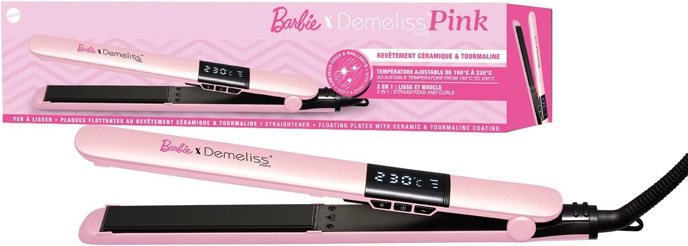 Lisseur 2 en 1 Barbie™ – Plaques Fines Céramique Tourmaline Infusées Kératine – Lissage Net, Boucles Rebondies – Température Réglable 150°C à 230°C – Design Ergonomique Professionnel