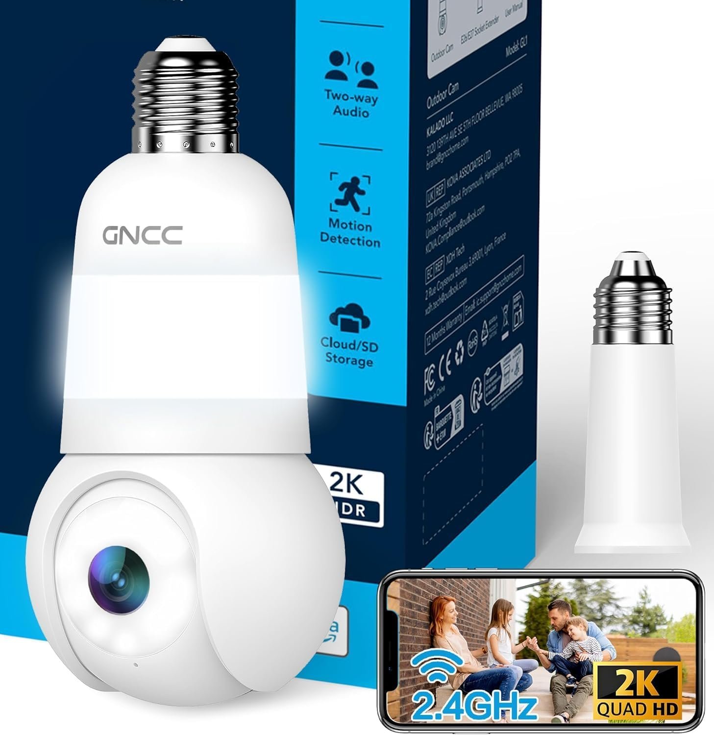 Ampoule Camera Surveillance WiFi Extérieure sans Fil, Douille E27 Uniquement, 2K 355° PTZ Caméra Interieure, Vision Nocturne Couleur, AI Détection, 24/7, Abonnement Cloud/Micro-SD, 2,4GHz WiFi