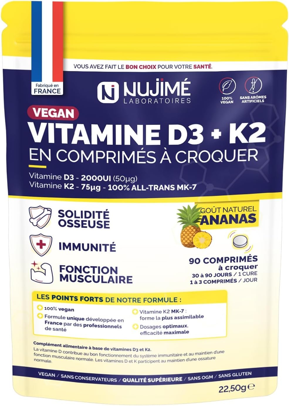 Vitamine D3 (2000UI) + K2 (all-trans MK7, 75µg) | 100% VEGAN | Solidité Osseuse, Muscles, Immunité | Arôme naturel d’ananas | Fabriqué en France (90 comprimés