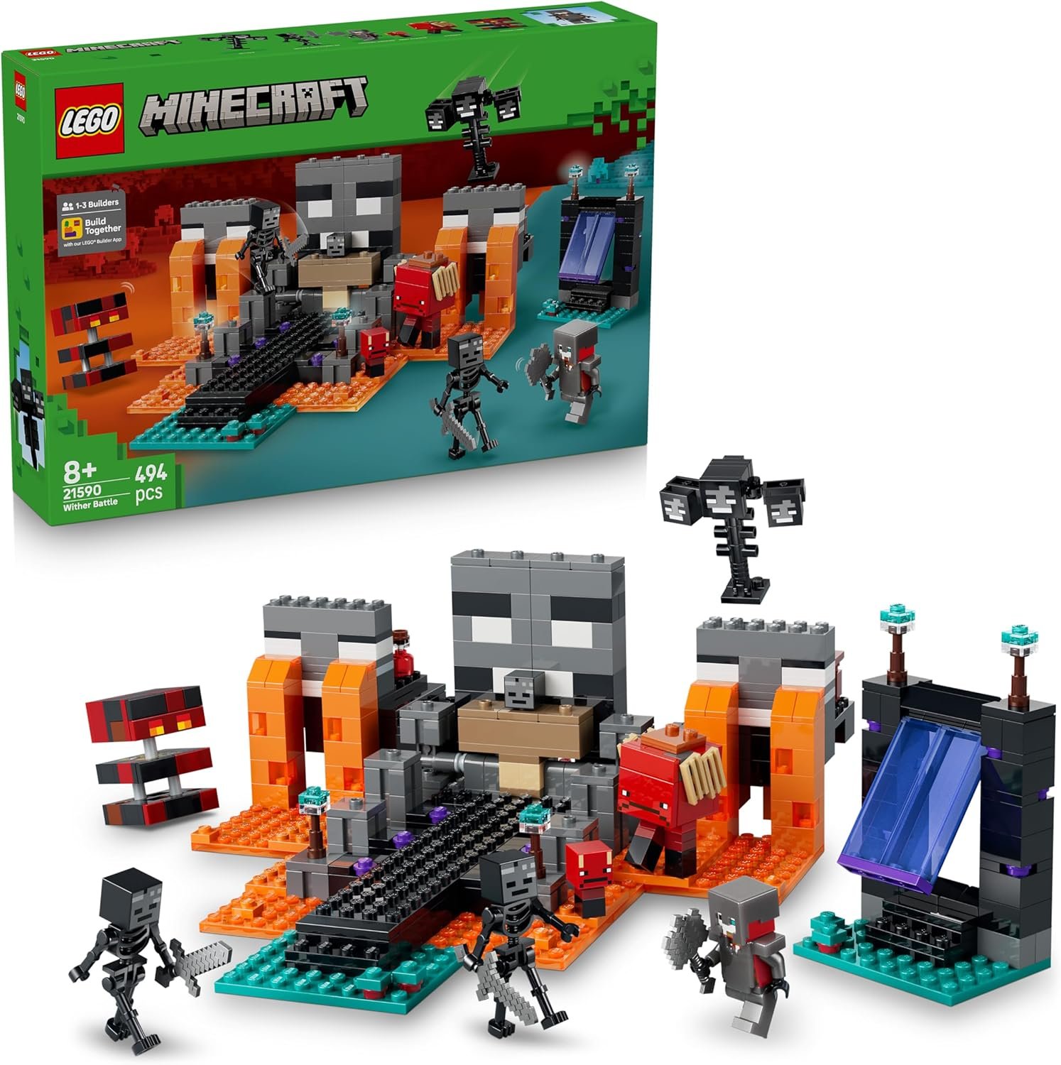 LEGO Minecraft La Bataille du Wither - Jeu Interactif avec Guerrier Écarlate, Arpenteur, Cube de Magma & 2 Figurines Mobs de Wither Squelettes - Cadeau Gaming pour Garçon ou Fille dès 8 Ans 21590