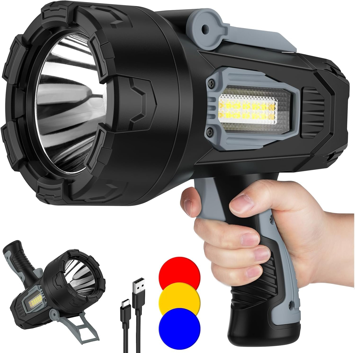 Lampe de poche rechargeable 99000 Lumens, lumières ponctuelles extérieures avec lumière Cob et support pliable, 10000ɱAh Spot Light Long Runtime, projecteurs portatifs pour la chasse nautique