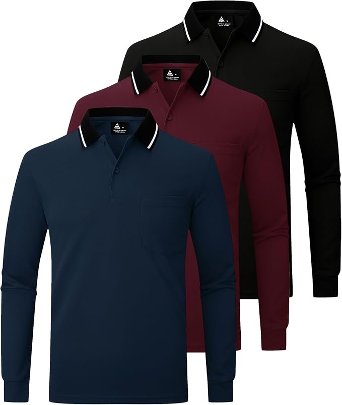 Lot de 3 Polo pour Homme à Manches Longues Polo de Golf Travail avec Boutons Polos Chemise Respirants Décontractés