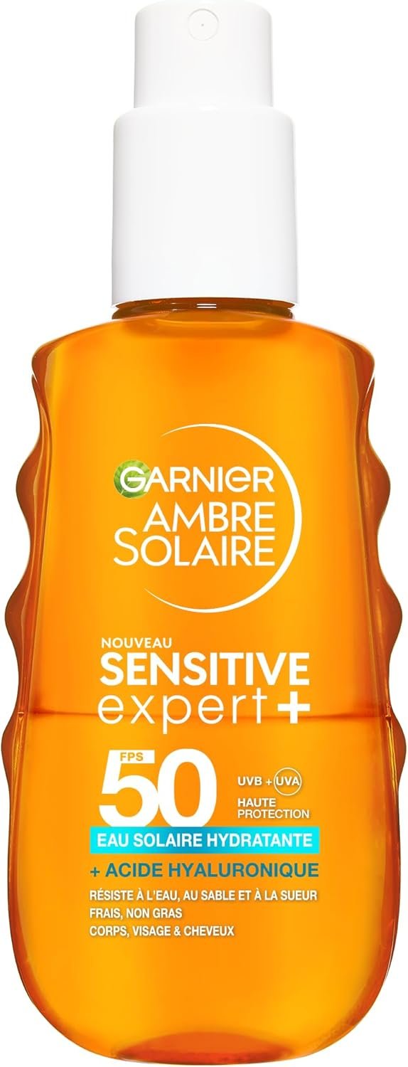 Ambre Solaire - Eau Biphase UV Sensitive Expert+ SPF 50 Visage, Corps & Cheveux - Protection Solaire Légère & Invisible - Hydrate et Protège - Fini Non Gras - Tous Types de Peaux - 150ml