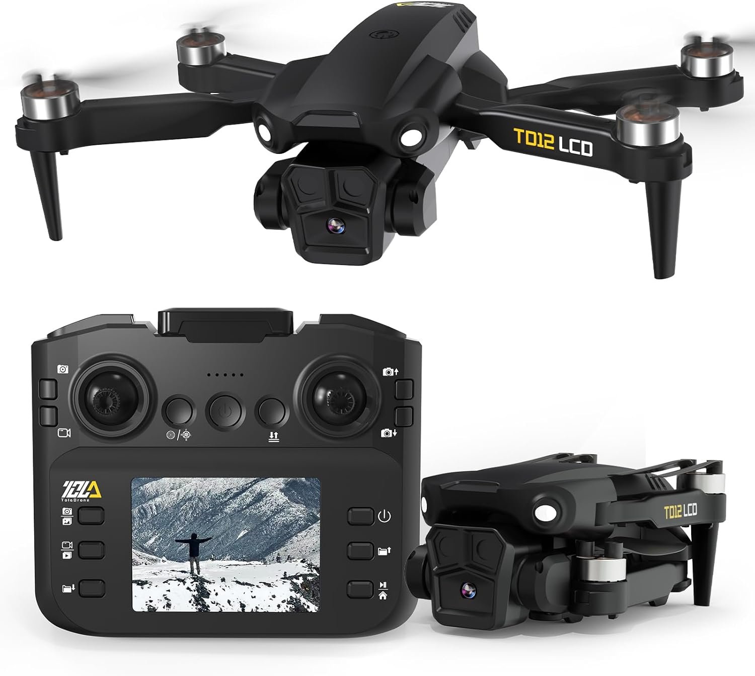 TD12LCD Pliable Drone avec Camera pour Adultes, Drones avec Positionnement par Flux Optique, Moteur sans Balais, Transmission D'écran LCD, Quadricoptère