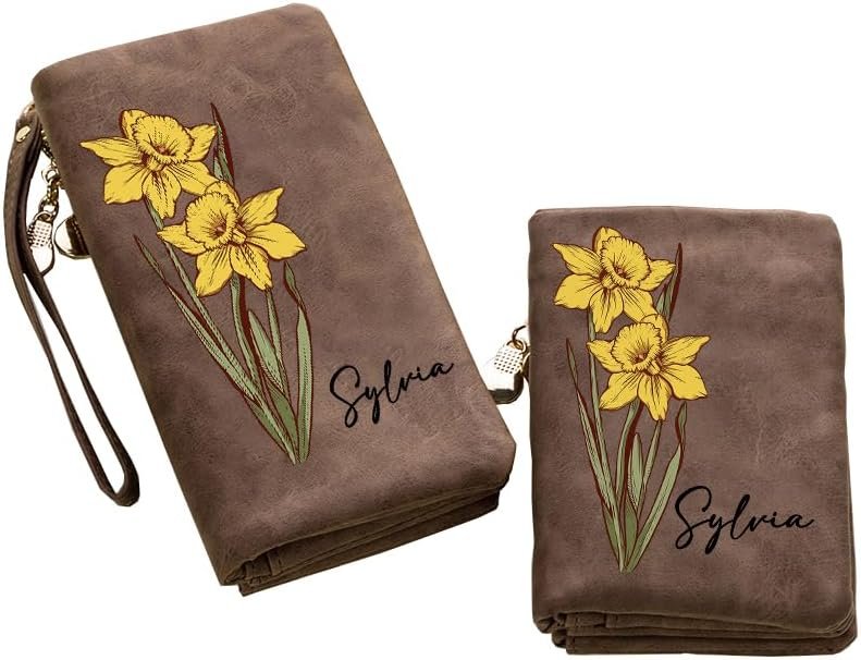 Porte-Monnaie en Cuir personnalisé pour Femme, Motif Aquarelle, Motif Fleur de Naissance, Trois Volets, avec dragonne, Porte-Monnaie Long
