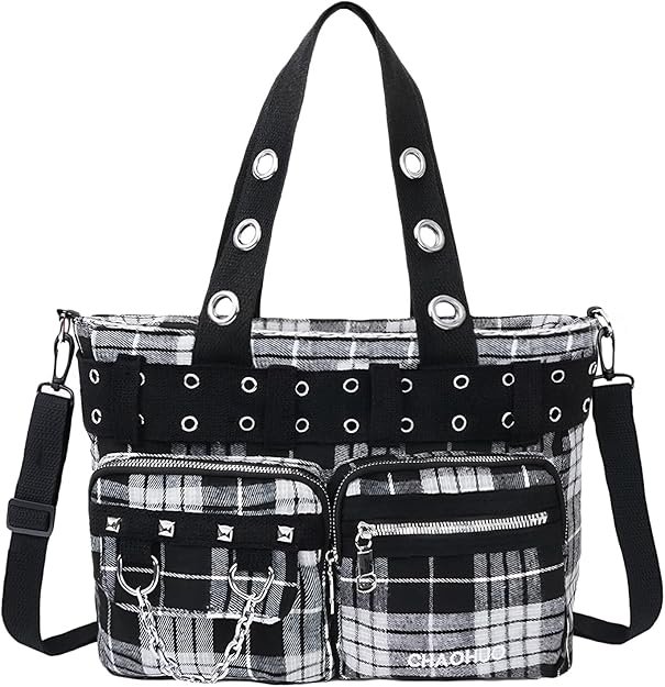 Sac à bandoulière pour femmes Sac à main gothique Y2K Sac d'épaule à motif carré Grande capacité Bureau Travail Voyage Shopping Durable