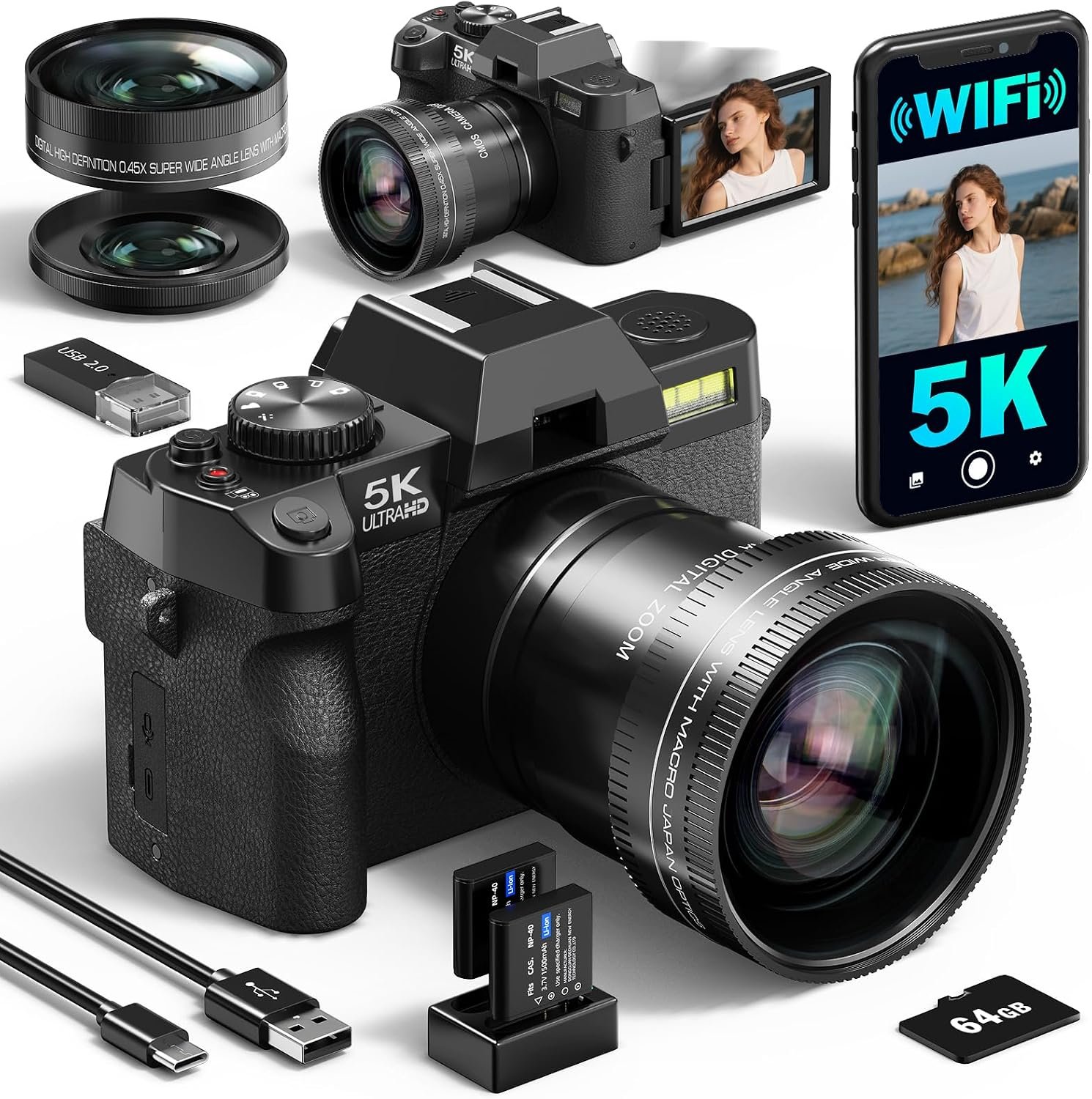 Appareil Photo numérique 5K 64MP caméra de WiFi vlogging | Youtube contrôlée par et Application, Appareil Photo Compact avec Carte TF 64 Go, objectifs Grand-Angle et Macro