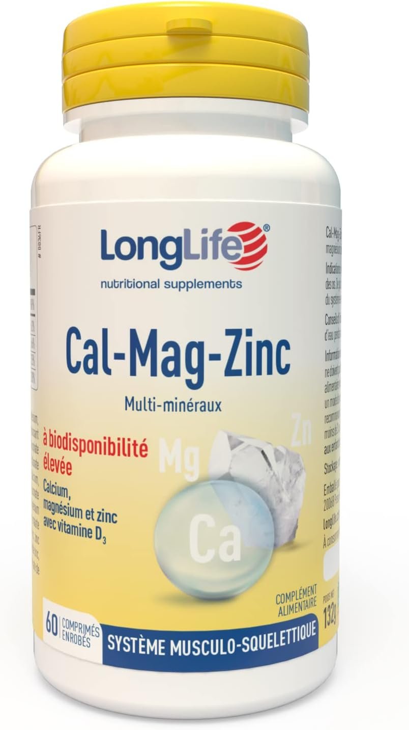 Calcium magnésium et zinc avec vitamine D | Biodisponibilité élevée | Aide le système nerveux et la santé des os | 60 comprimés | Végétarien et sans gluten
