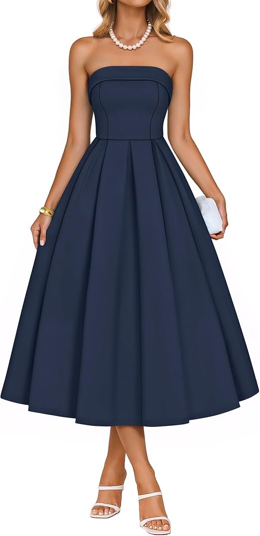 Robes de soirée de cocktail sans bretelles d'été pour femmes Off Shoulder, Flowy A Line, Robe Midi, Invité de mariage, Semi-formel, Dîner de répétition, Fiançailles, 2026 Nuit Out Vêtements