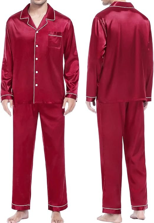 Pyjama Décontracté Pour Homme à Manches Longues en Satin de Soie Deux Pièces Vêtements de Nuit Pantalon Pyjama