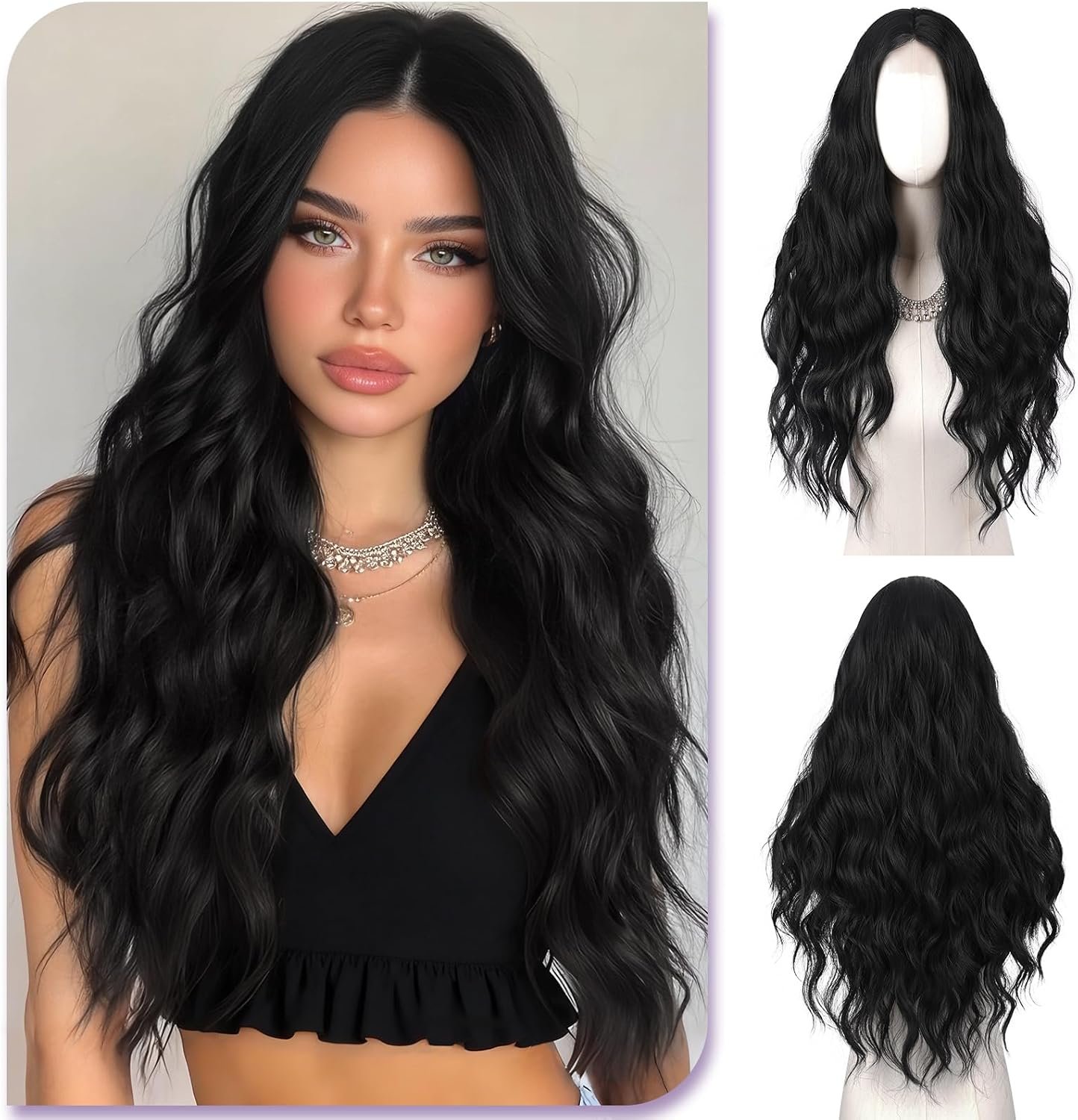Perruque Femme Naturelle,70 cm Perruque Longue Bouclée Couleu Noir Naturel
