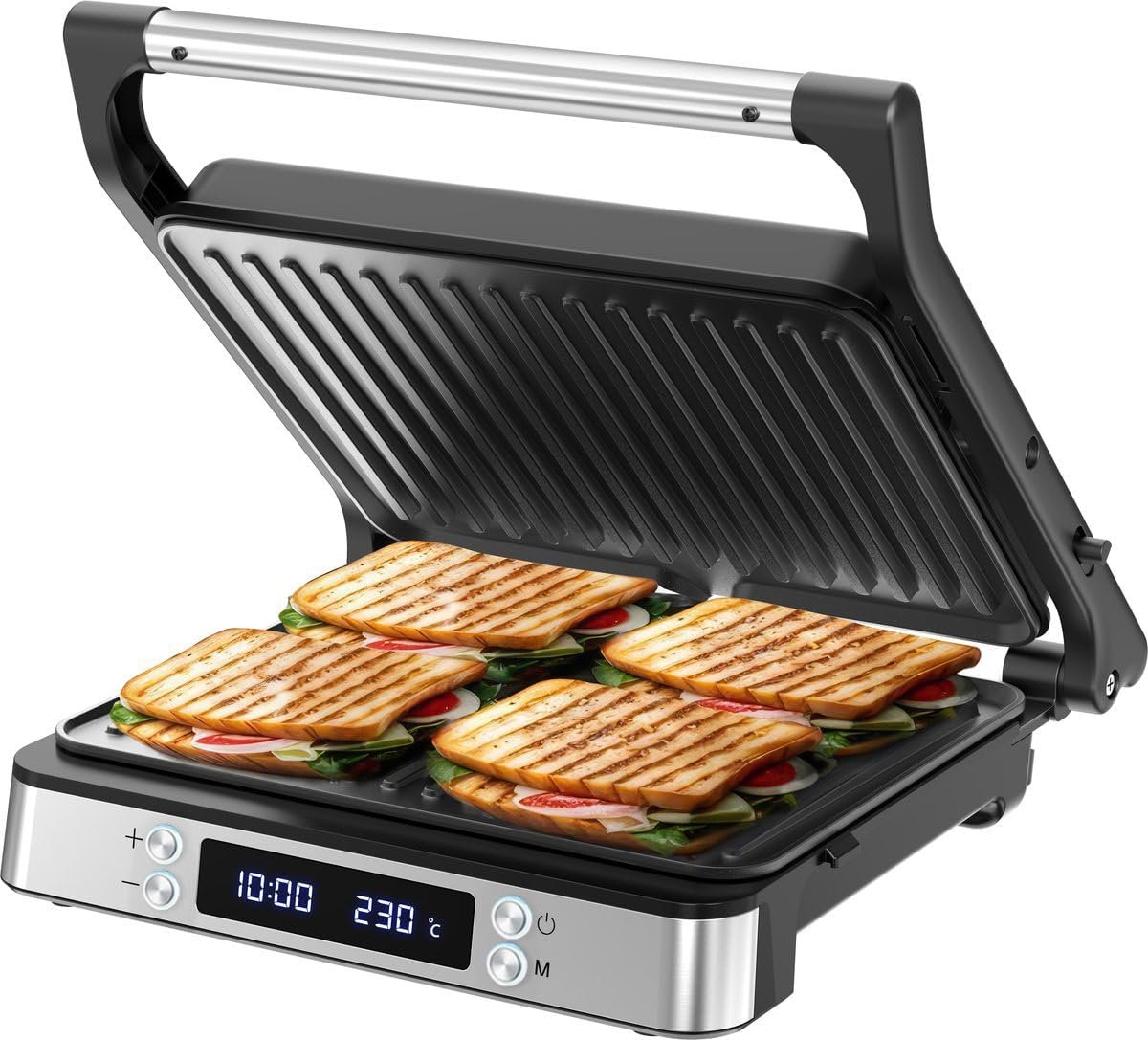 Appareil à Croque-Monsieur XXL, 2000W, Sandwichmaker, Machine a Panini, 3-en-1, Gaufrier & Grille de Contact, Plaques Antiadhésives, Ouverture 180°, Température Réglable, Minuterie