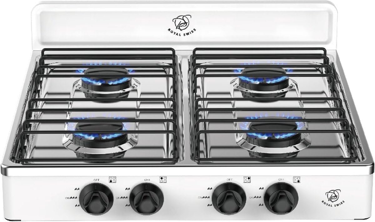 Réchaud à Gaz 4 Feux LPG – Cuisinière Gaz Portable 2,2 kW, Brûleurs Aluminium, Stable & Sécurisée, Camping, Jardin, Food Truck, Maison