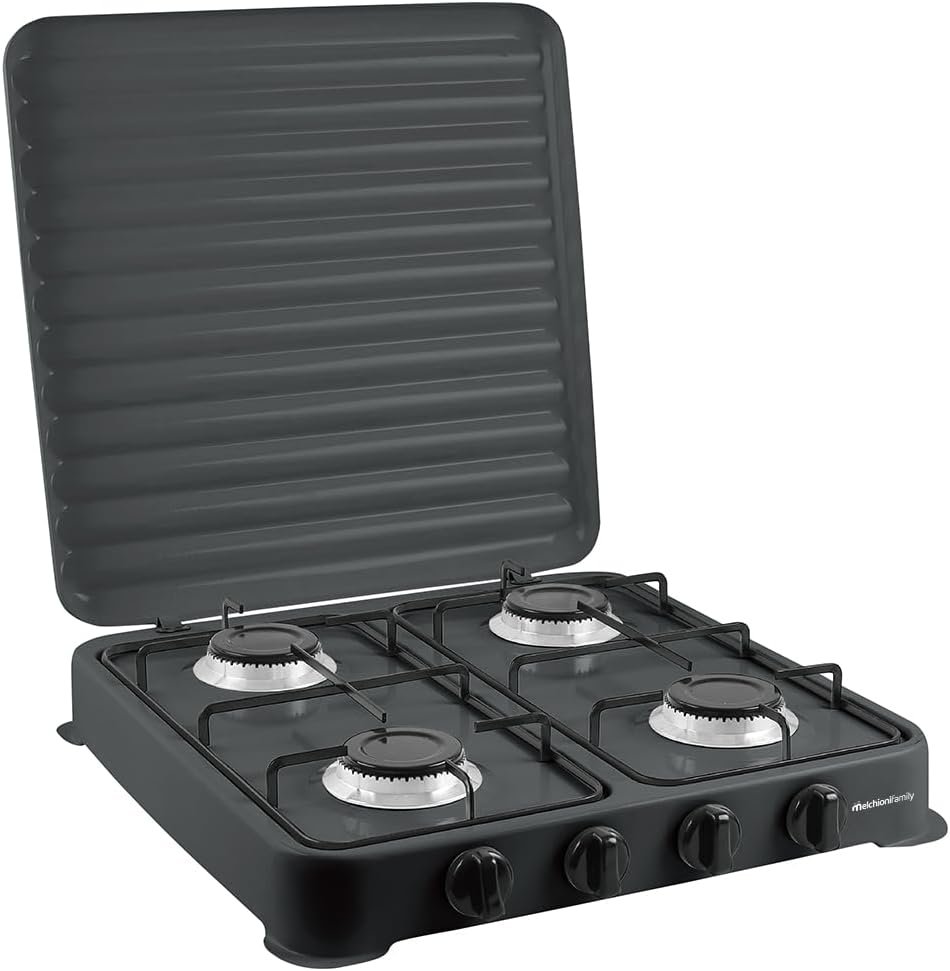 Cuisinière à gaz modèle MINERVA NEW, quatre feux, couleur noire, pour utilisation en extérieur, avec grille et feux amovibles et couvercle