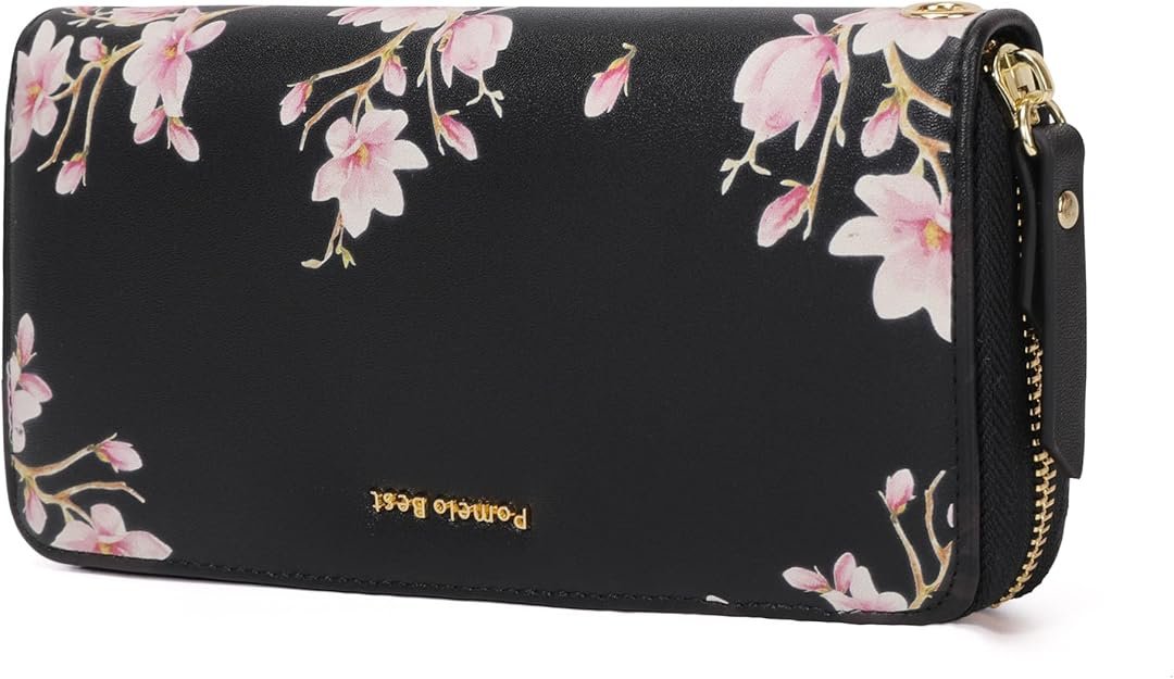 Portefeuilles Femme en Cuir PU Porte Monnaie Zippé Téléphone Portabe en Fleur Primé avec Courroie de Poignet - RFID Blocage Cadeaux pour Femmes