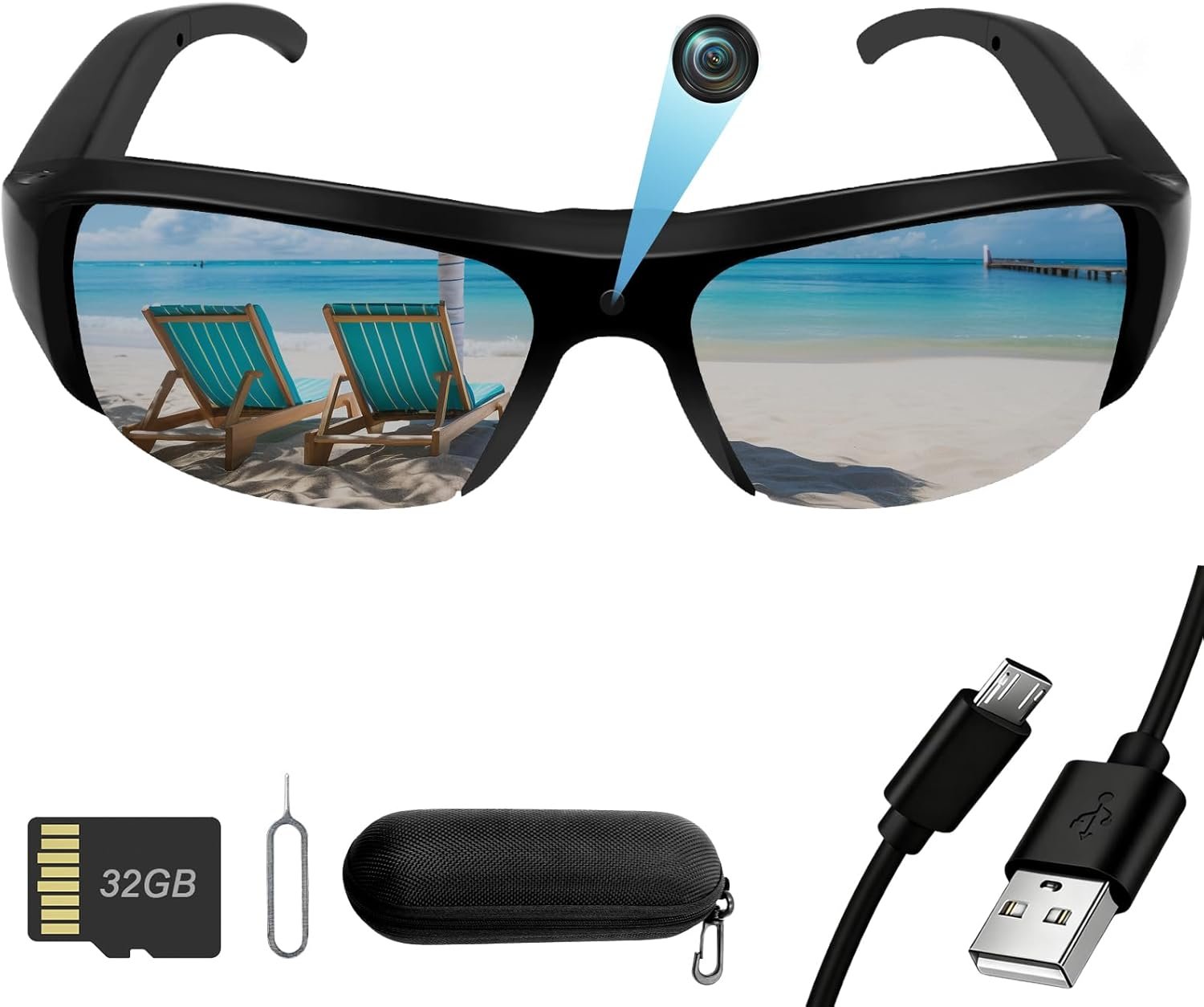 Caméra Espion, 32GB Mini Lunette Espion, 1080P HD Camera Cachee Lunettes de Soleil, Portable Caméscope Sport Enregistreur Vidéo Prise de Photos pour Intérieur Extérieur
