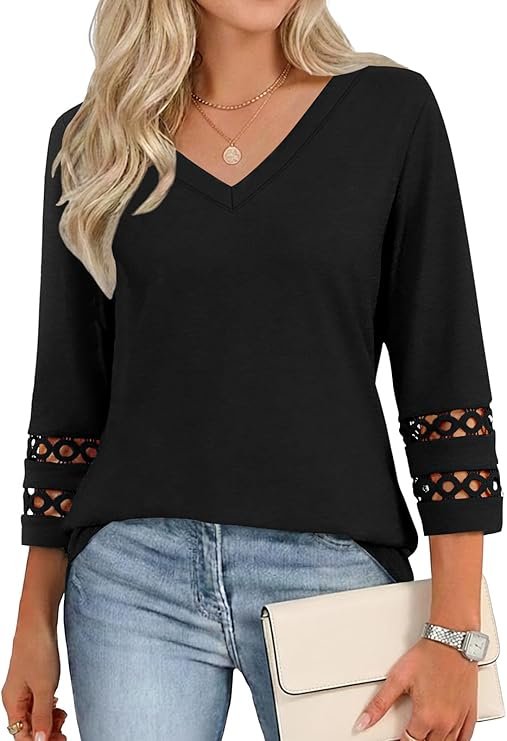 Tee Shirt Femme Manches 3/4 Col V Tunique Femme Décontracté Haut Chic et Elegant Chemisier Top