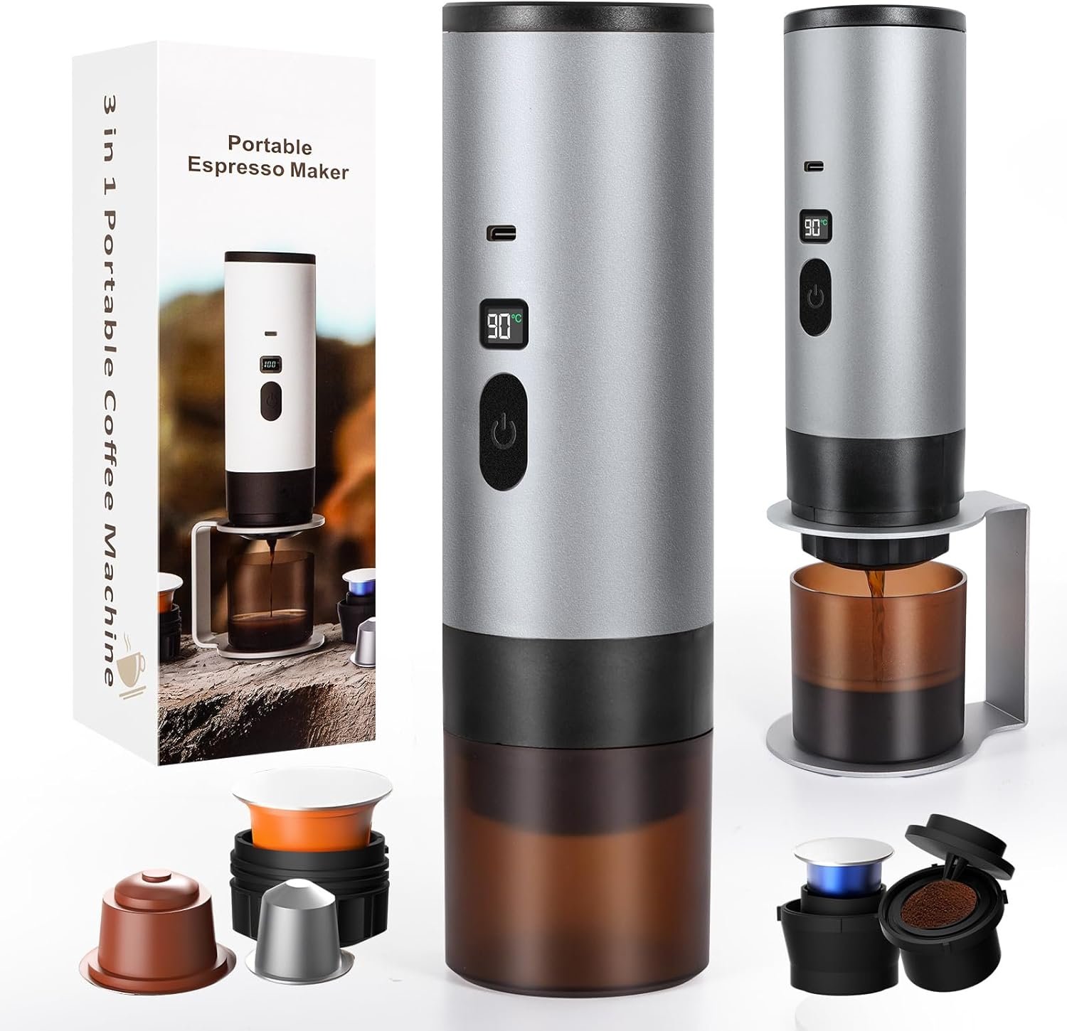Machine à café portable, machine à expresso électrique avec Support, mini machine à capsules, compatible avec les capsules et le café moulu, chauffe instantanée, pour camping voyages, Gris