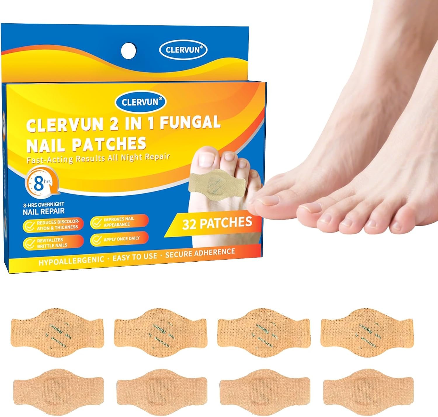 Lot de 32 patchs anti-mycoses pour ongles des pieds - Traitement anti-mycose des ongles extra fort - 8 heures de nuit - Réparation rapide - Soin des ongles hydrogel sans effort pour un renouvellement