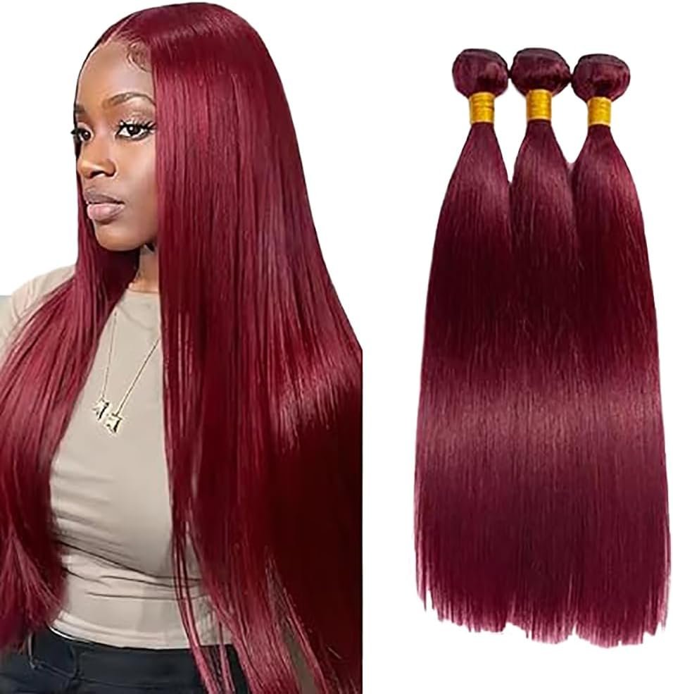 Human Hair Bundles Straight Tissage Naturel Cheveux Humain Unprocessed Remy en lot Meches Weave Extensions Double Weft #99J Burgundy Color 24 26 28 Pouces Couleur #99J S